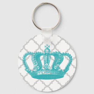 GIRLY AQUA VINTAGE CROWN GREY QUATREFOIL PATTERN KEYCHAIN