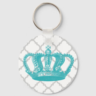 GIRLY AQUA VINTAGE CROWN GREY QUATREFOIL PATTERN KEYCHAIN