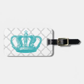 GIRLY AQUA VINTAGE CROWN GREY QUATREFOIL PATTERN LUGGAGE TAG