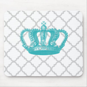 GIRLY AQUA VINTAGE CROWN GREY QUATREFOIL PATTERN MOUSE PAD