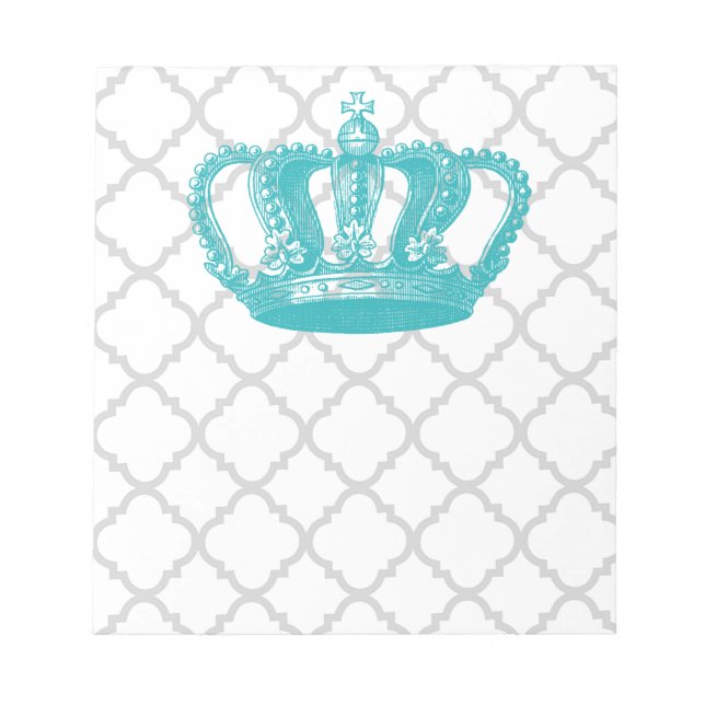 GIRLY AQUA VINTAGE CROWN GREY QUATREFOIL PATTERN NOTEPAD (Front)