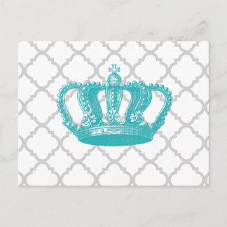GIRLY AQUA VINTAGE CROWN GREY QUATREFOIL PATTERN POSTCARD