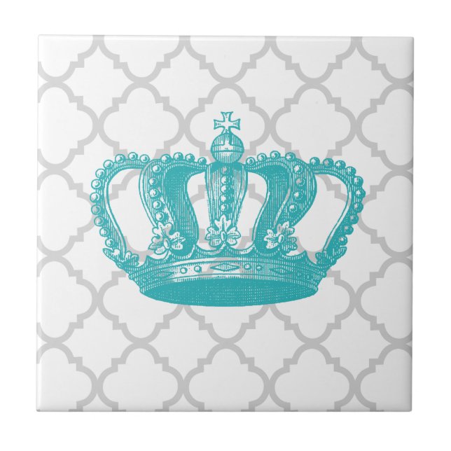 GIRLY AQUA VINTAGE CROWN GREY QUATREFOIL PATTERN TILE (Front)