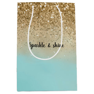Girly Aqua Watercolor Gold Glitter Medium Gift Bag