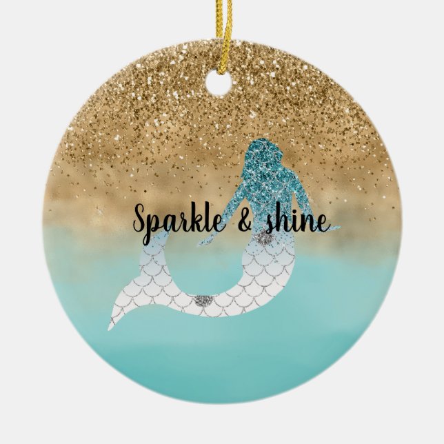 Girly Aqua Watercolor Gold Glitter Mermaid   Ceramic Ornament (Front)