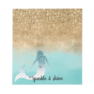Girly Aqua Watercolor Gold Glitter Mermaid Notepad