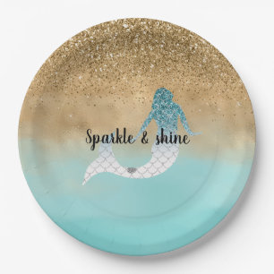 Girly Aqua Watercolor Gold Glitter Mermaid Paper Plate