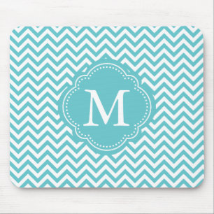 Girly Aqua White Chevron Stripes Monogram Mouse Pad
