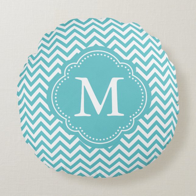 Girly Aqua White Chevron Stripes Monogram Round Pillow (Front)