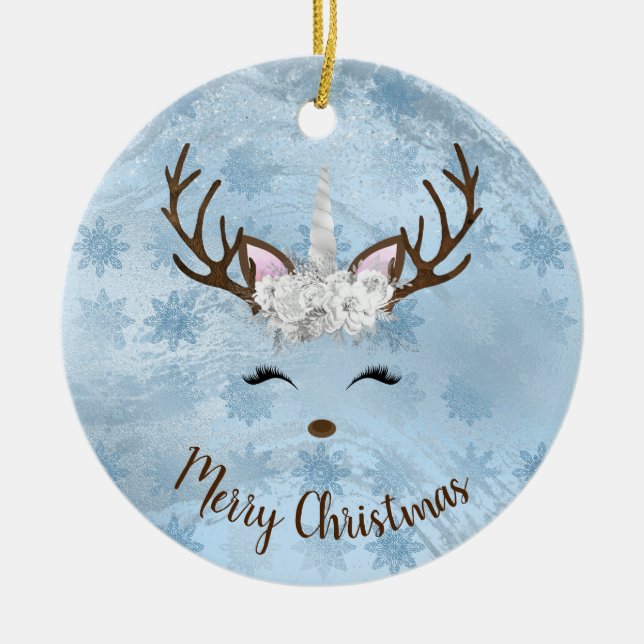 Girly baby blue marble unicorn reindeer snowflakes ceramic ornament (Front)