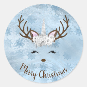 Girly baby blue marble unicorn reindeer snowflakes classic round sticker