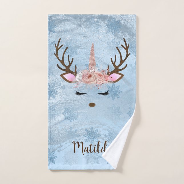 Girly baby blue marble unicorn reindeer snowflakes hand towel (Hand Towel)