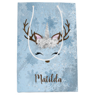 Girly baby blue marble unicorn reindeer snowflakes medium gift bag