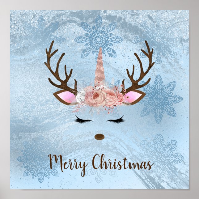 Girly baby blue marble unicorn reindeer snowflakes poster (Front)