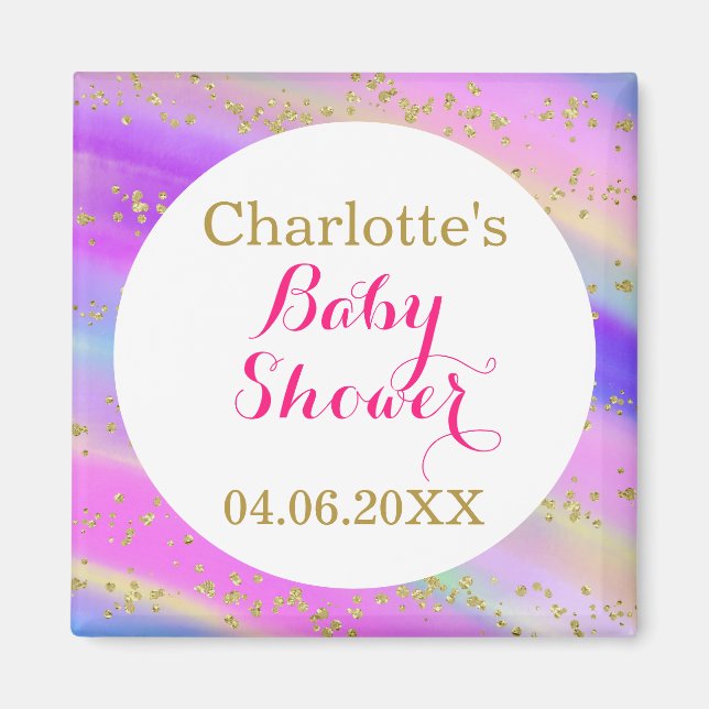 Girly Baby Shower Colourful Unicorn Gold Glitter Magnet (Front)