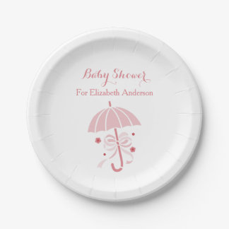 Girly Baby Shower Cute Pink Umbrella With Bow Paper Plate