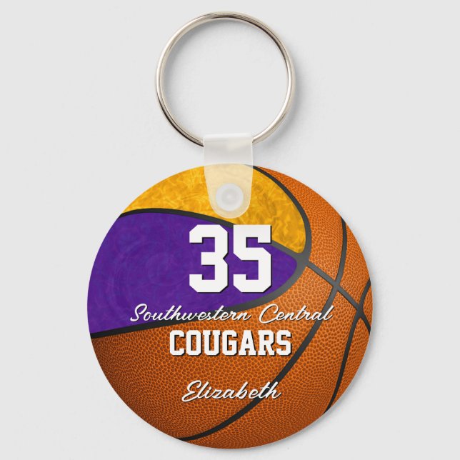 girly basketball purple gold school team colours keychain (Front)