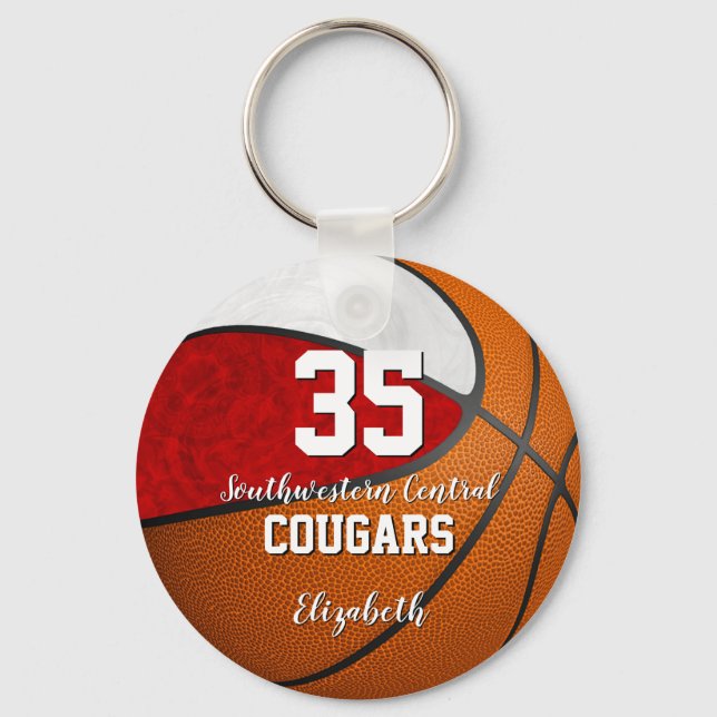 girly basketball red white school team colours keychain (Front)