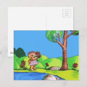 Girly Bear Country Floral Illustration Postcard