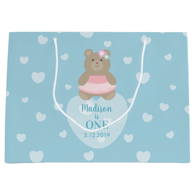 Girly Bear Cub Princess Baby First Birthday Party Large Gift Bag (Front)