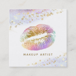 *~* Girly Beauty Gold Pastel Glitter Lips Makeup Square Business Card