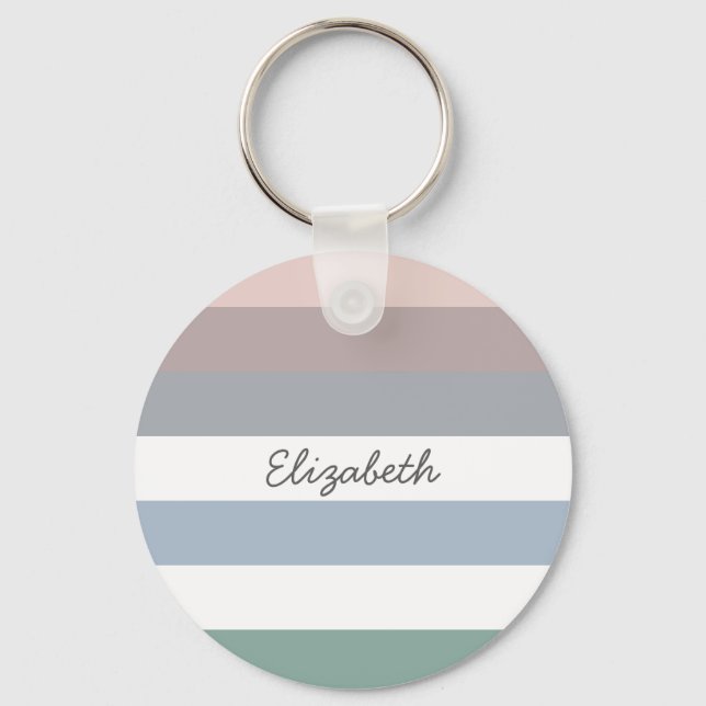 Girly Beige Blue Wide Horizontal Stripes With Name Keychain (Front)