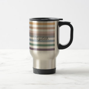Girly Beige Blue Wide Horizontal Stripes With Name Travel Mug