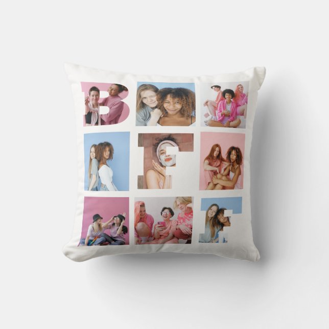 Girly Best Friends BFF Photo Collage Heart Script Throw Pillow (Front)