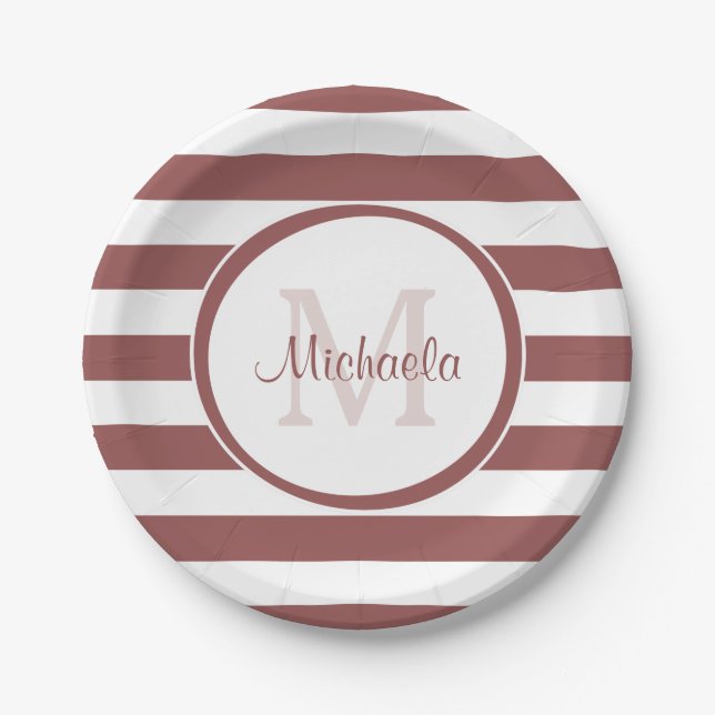 Girly Big Marsala Stripes With Name and Monogram Paper Plate (Front)