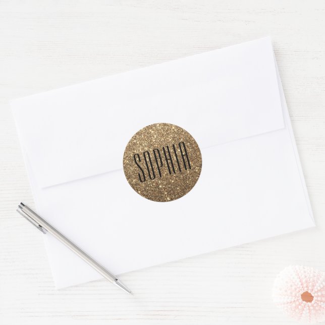 Girly Black and Gold Glitter Name Cute Sparkle Classic Round Sticker (Envelope)