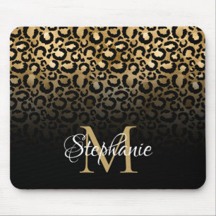 Girly Black and Gold Leopard Ombre Monogram Mouse Pad