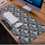 Girly black and white damasks pattern monogram desk mat<br><div class="desc">The elegant girly white vintage floral damask pattern over the black custom background colour may be easily customized by changing the black background colour. Chege the monogram text,  or you may delete it.</div>