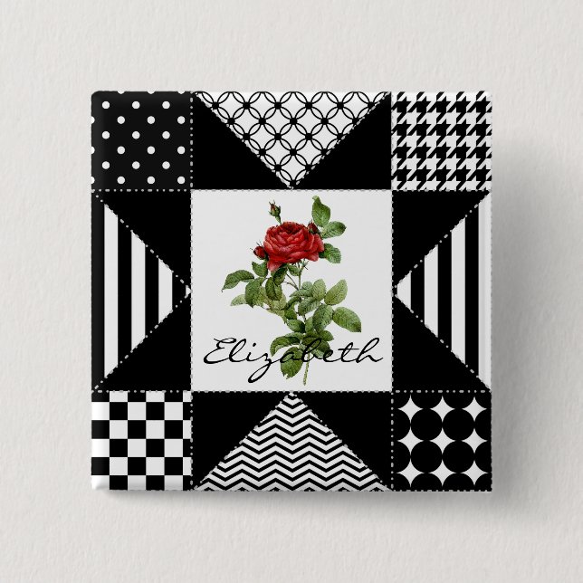 Girly Black and White Geometric Red Rose With Name 2 Inch Square Button (Front)