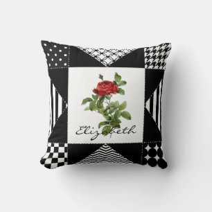 Girly Black and White Geometric Red Rose With Name Throw Pillow