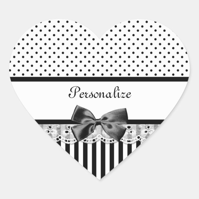 Girly Black and White Victorian Stripes With Name Heart Sticker (Front)
