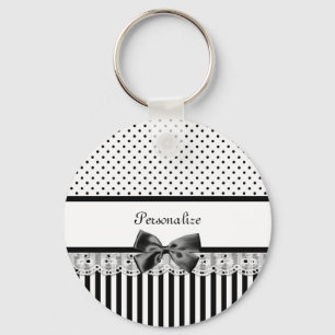 Girly Black and White Victorian Stripes With Name Keychain