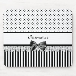 Girly Black and White Victorian Stripes With Name Mouse Pad