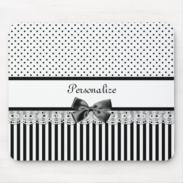 Girly Black and White Victorian Stripes With Name Mouse Pad (Front)