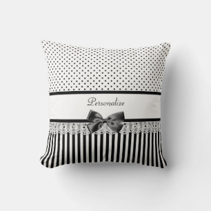 Girly Black and White Victorian Stripes With Name Throw Pillow