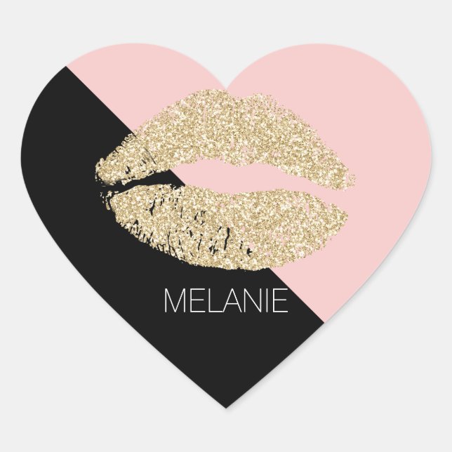 Girly Black Blush Pink Chic Glitter Lips Heart Sticker (Front)