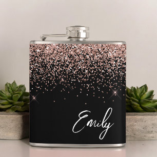Girly Black Blush Pink Rose Gold Glitter Monogram Hip Flask