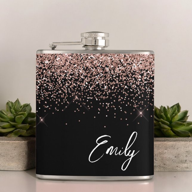 Girly Black Blush Pink Rose Gold Glitter Monogram Hip Flask (Creator Uploaded)