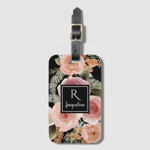 Girly Black BOHO Watercolor Floral Greenery Name Luggage Tag