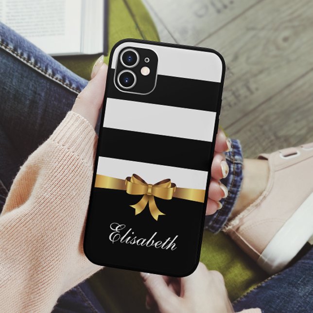 Girly Black Bold Stripes Golden BOW personalized Case-Mate iPhone Case (Creator Uploaded)