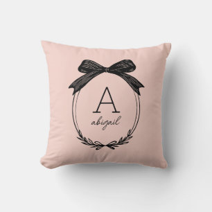 Girly Black Bow Modern Script Blush Pink Monogram Throw Pillow