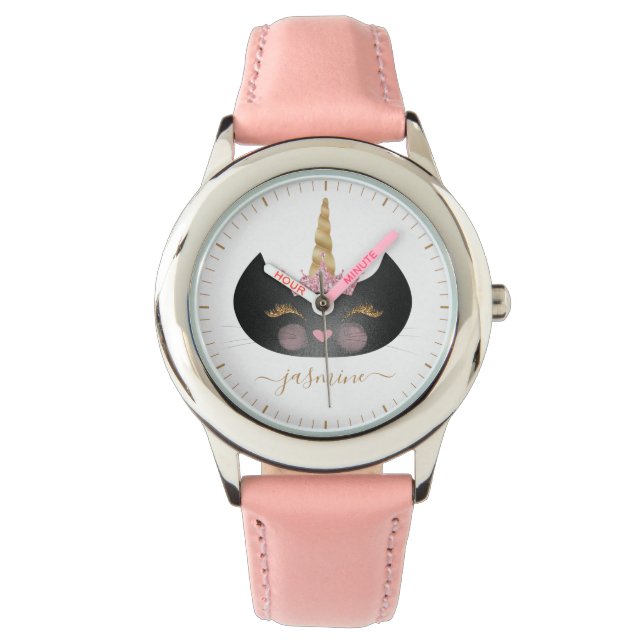 Girly Black Caticorn Face Gold Script Monogram Watch (Front)