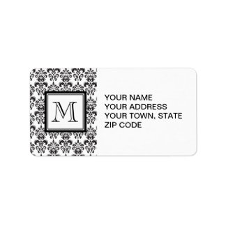 GIRLY BLACK DAMASK PATTERN 2 YOUR INITIAL LABEL