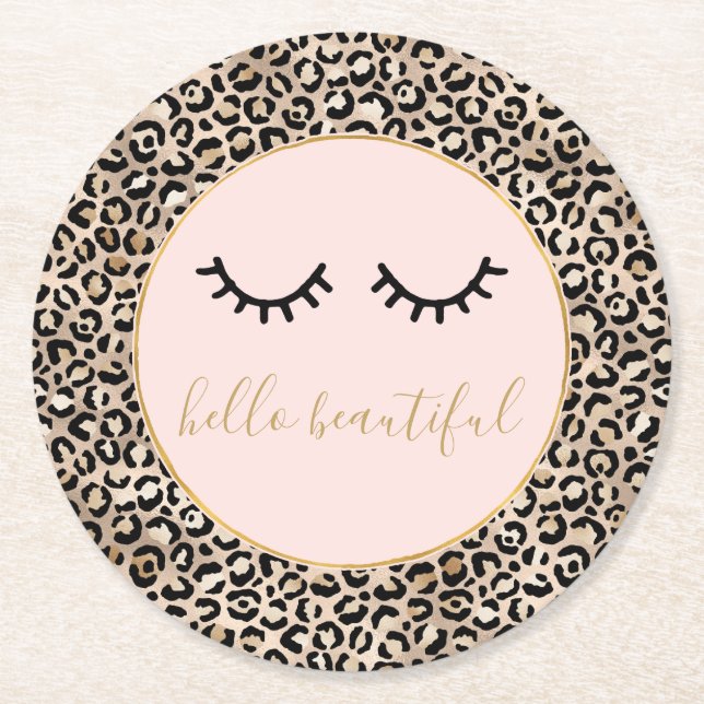 Girly Black Eyelashes Gold Glam Leopard Print      Round Paper Coaster (Front)