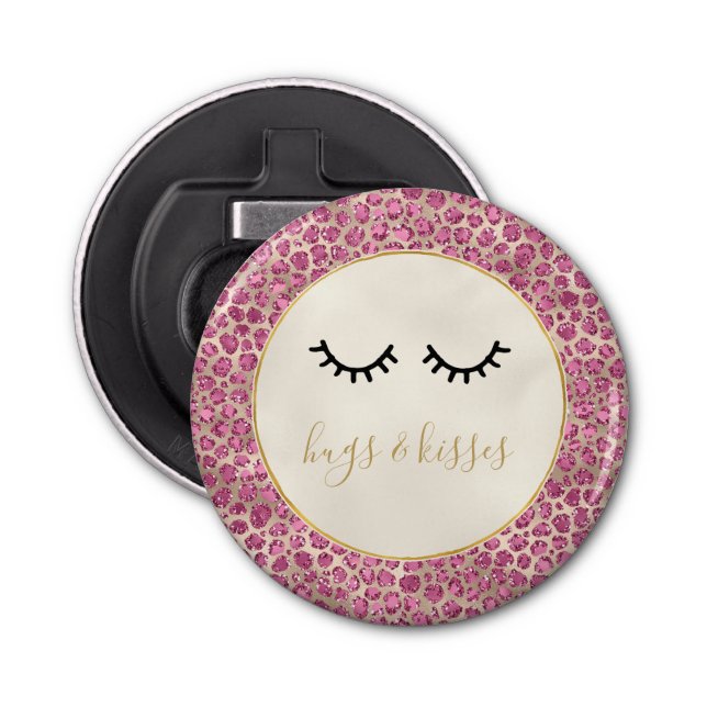 Girly Black Eyelashes Gold Pink Leopard Print Bottle Opener (Front)