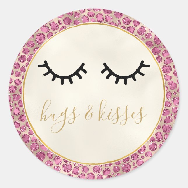 Girly Black Eyelashes Gold Pink Leopard Print Classic Round Sticker (Front)